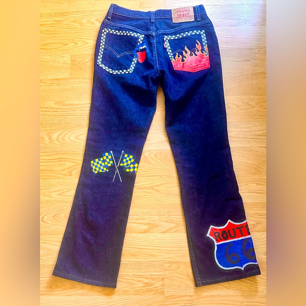 VTG UPCYCLED Levis 517 28x29 Bootcut  HAND Painted - Route 66, Rolling Stones